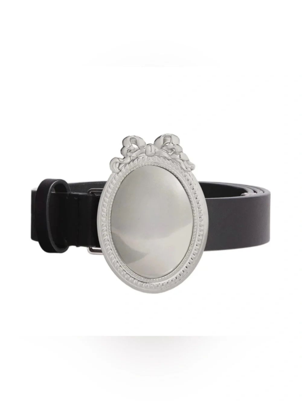 Vintage Black Belt with Silver Oval Bow Buckle